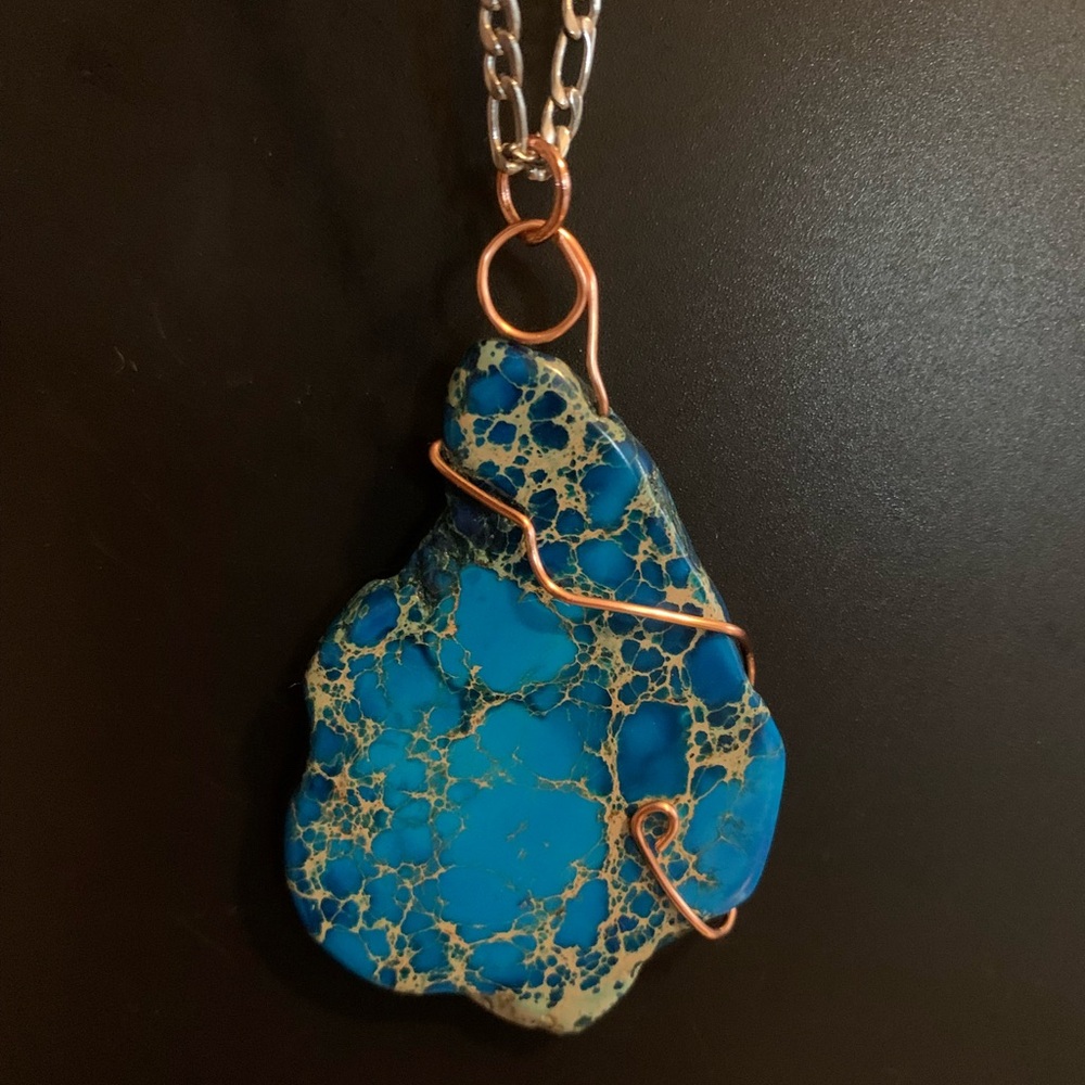 Blue Imperial Jasper and bronze wire pendants